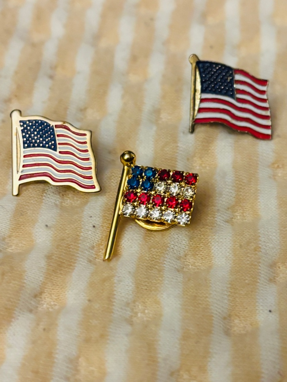 Vintage Set of 3 American Flag Pins 

Red-White-Blue Rhinestone , 2 Waving $12